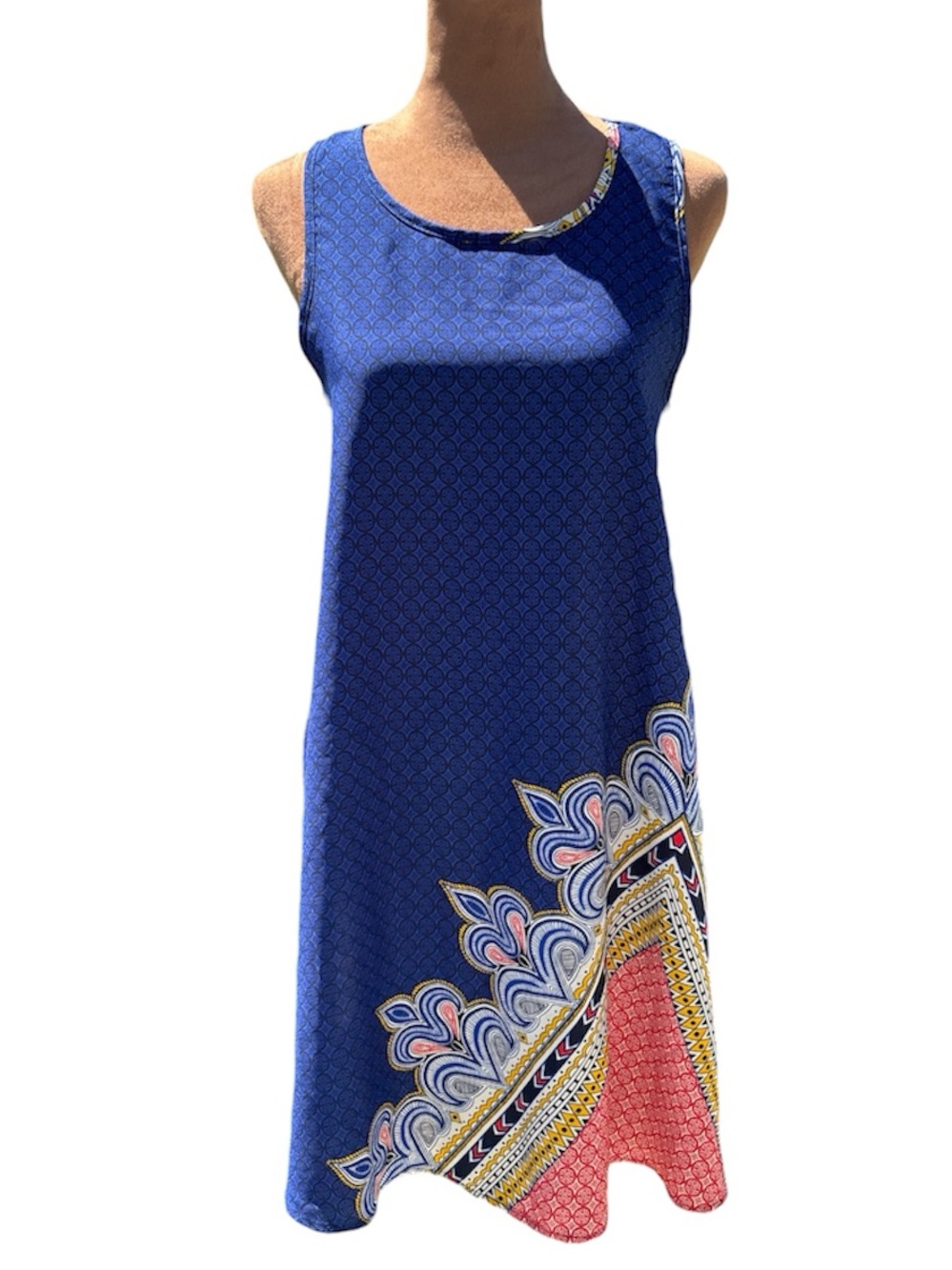 42POPS Blue Printed Sleeveless Trapeze Tunic Dress w/Side Seam Pockets Small